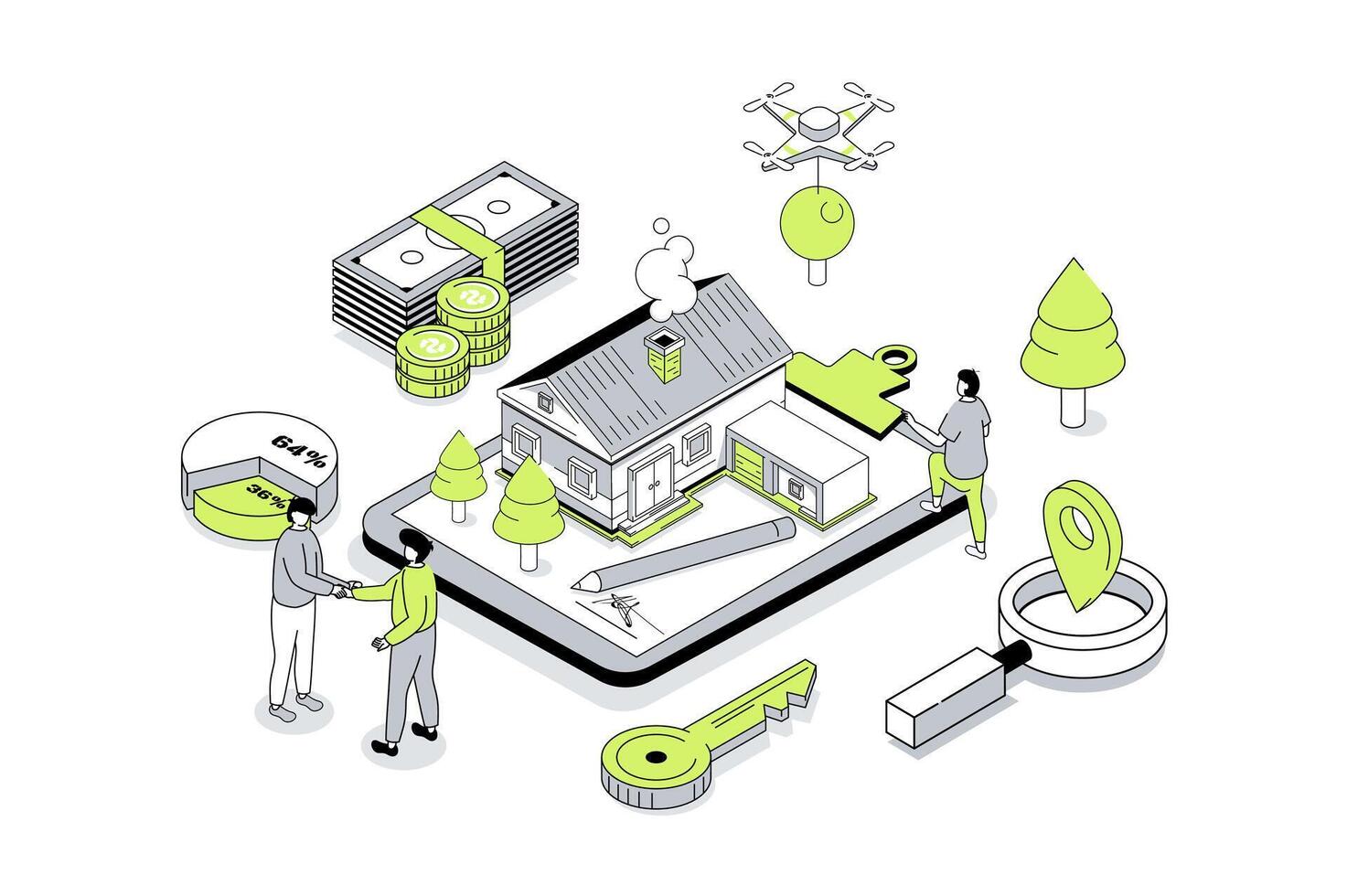 Mortgage investment 3d isometric concept in outline isometry design for web. People investing money in real estate, buying new apartments, owning property, dealing with broker. illustration. vector