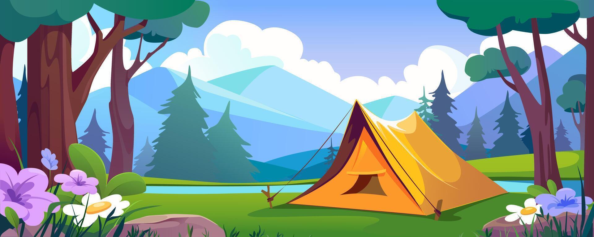 Camping tent in summer forest background banner for game design. Backpacking campground at meadow with wildflowers at morning time near lake in wood with mountains view. cartoon illustration vector