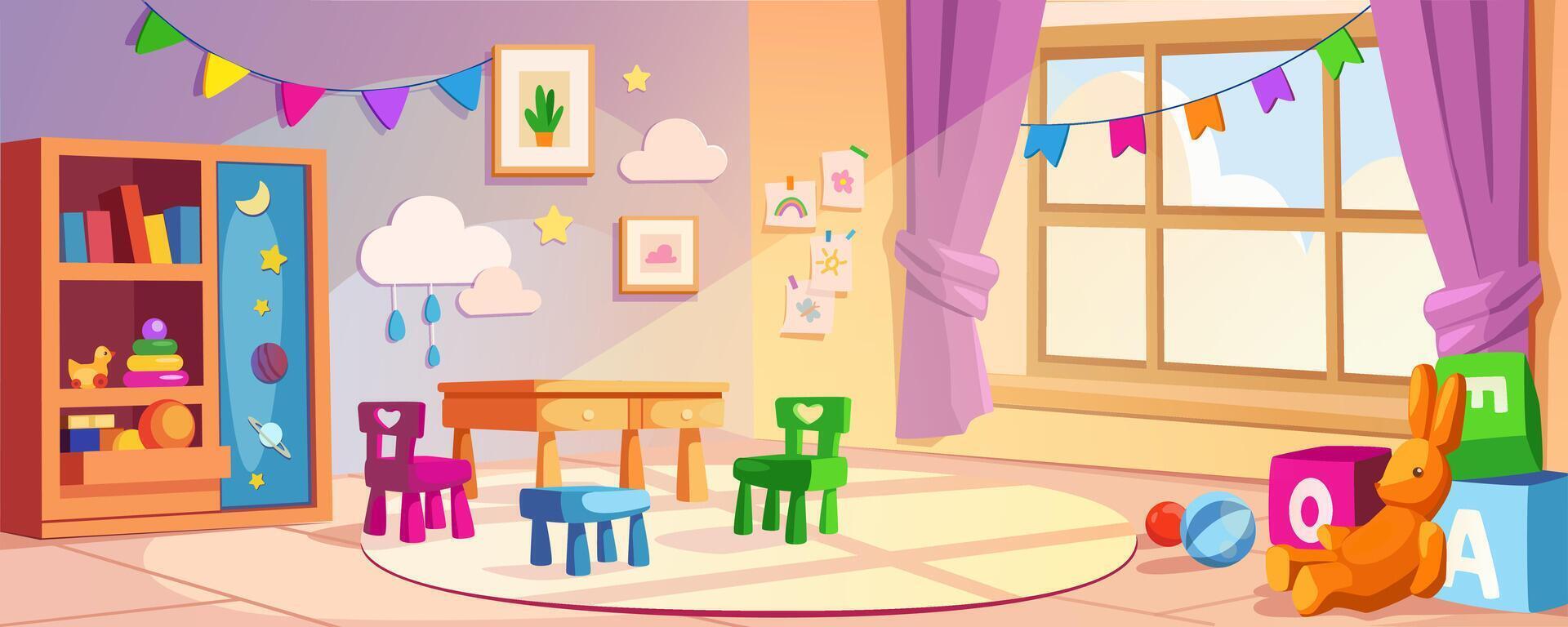Kindergarten interior background banner for game design. Daycare room with table, child chairs, different toys, book shelf with learning tools, window, garlands, other. cartoon illustration vector