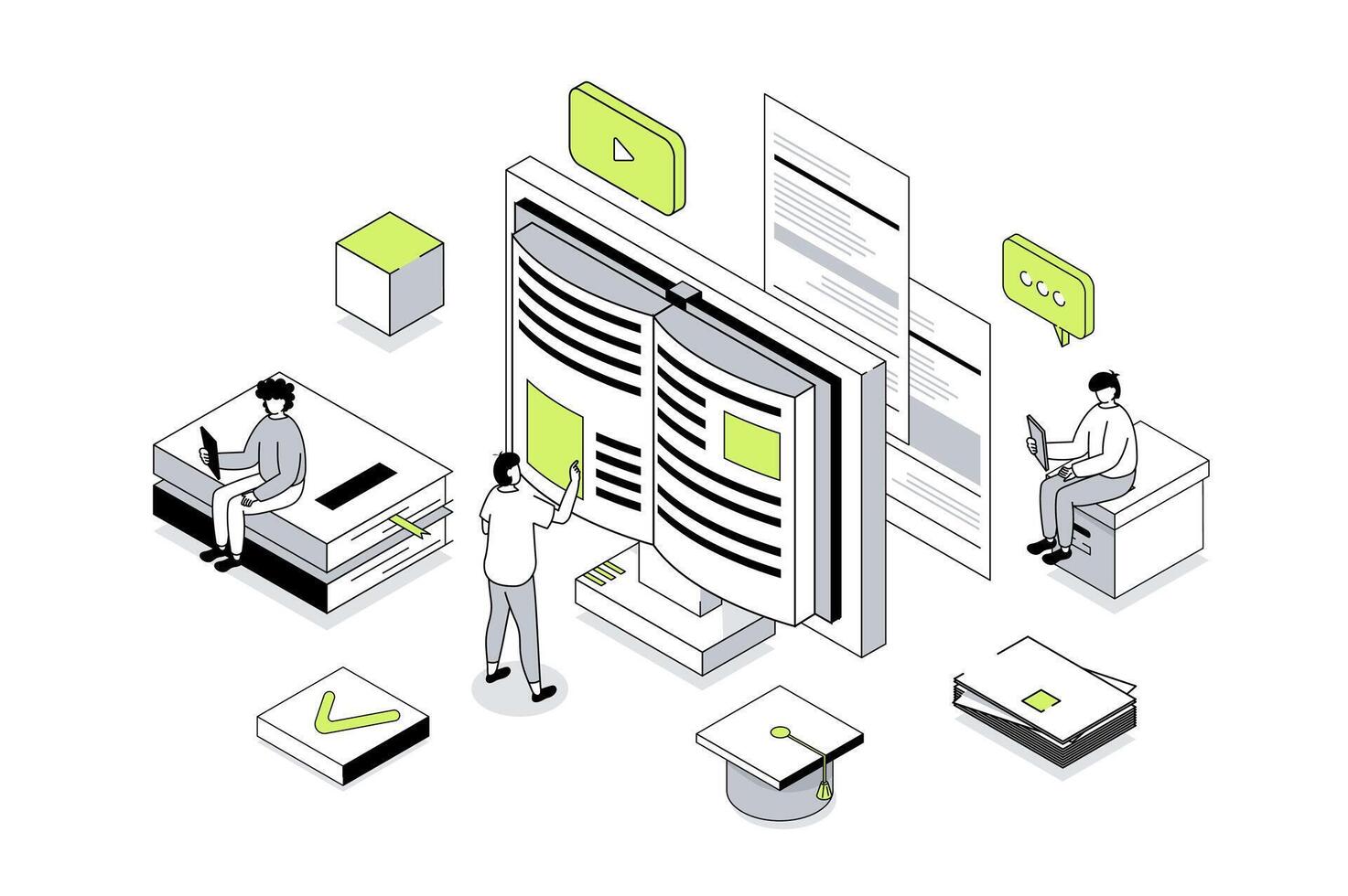 Modern education 3d isometric concept in outline isometry design for web. People reading e-books and digital textbook, learning at digital classroom, watching lectures. illustration. vector