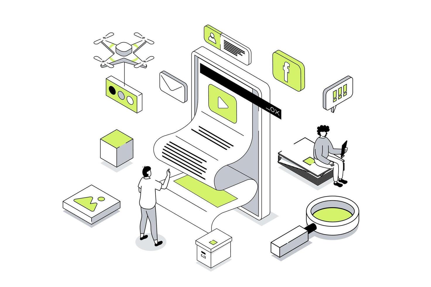 Mobile news 3d isometric concept in outline isometry design for web. People using smartphones to reading global news and posts in social media, daily articles at online press. illustration. vector