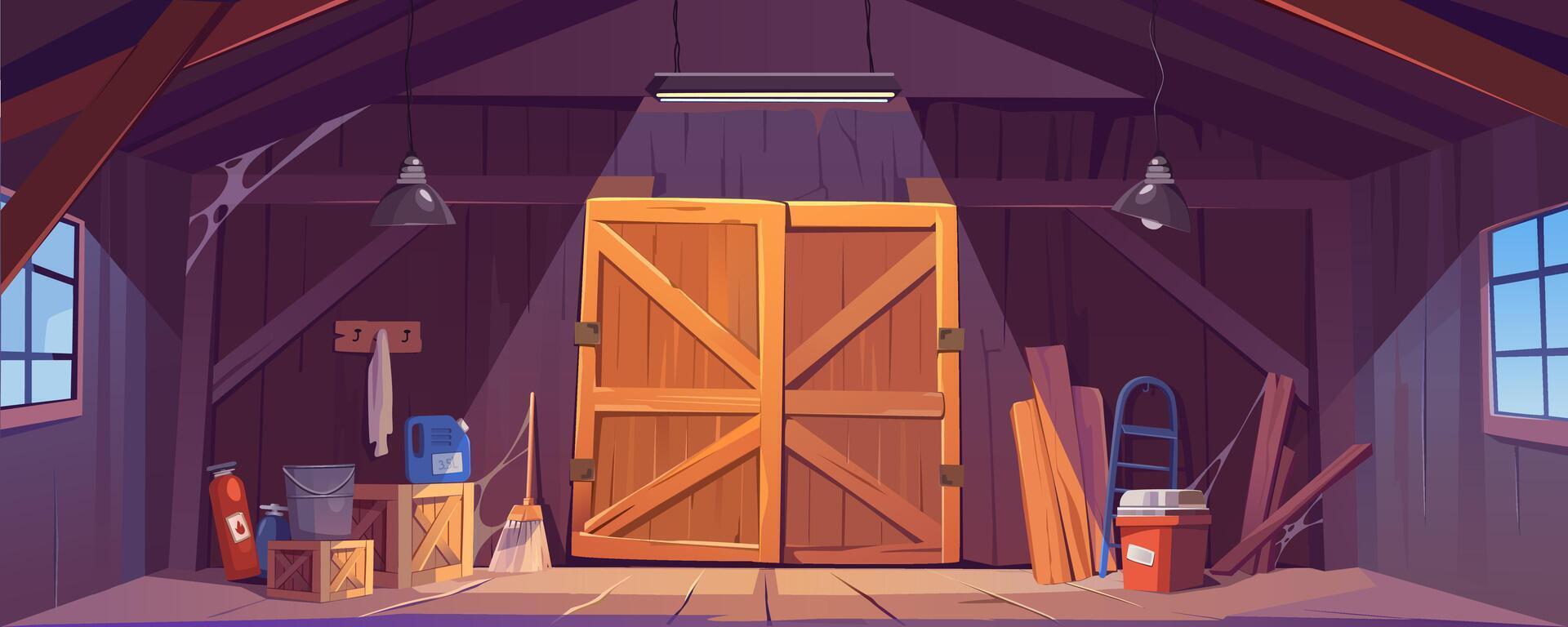 Wooden storehouse interior background banner for game design. Storage room inside with big closed gates, windows, hanging lamps, boxes, canister, old cloth, ladder, other. cartoon illustration vector
