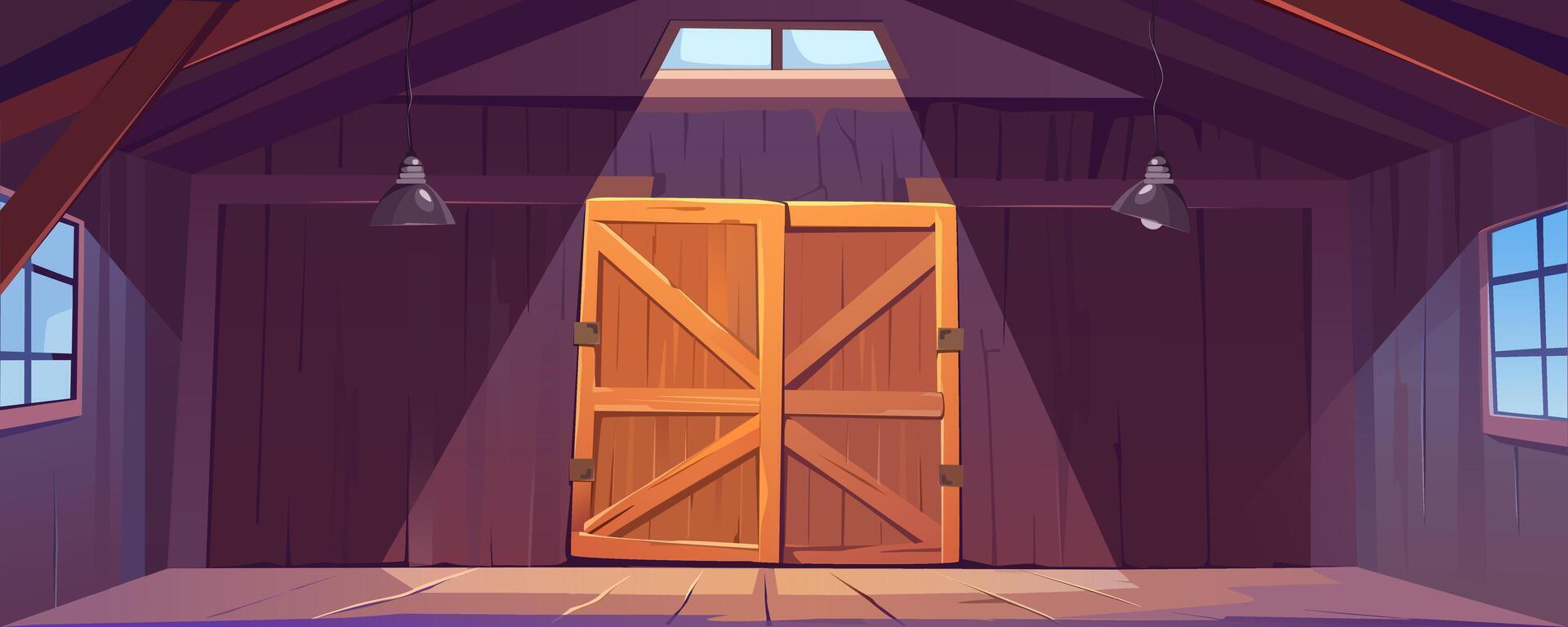 Wooden storehouse or barn interior background banner for game design. Storage room inside or rustic shed with big closed gates, windows, hanging lamp lights, wood ceiling. cartoon illustration vector