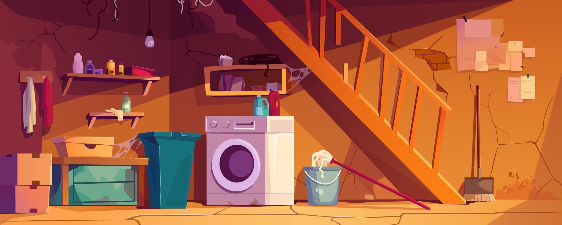 Basement room interior background banner for game design. Abandoned cellar with wooden broken staircase, old laundry machine, boxes and shelves, cracked walls with cobweb. cartoon illustration vector