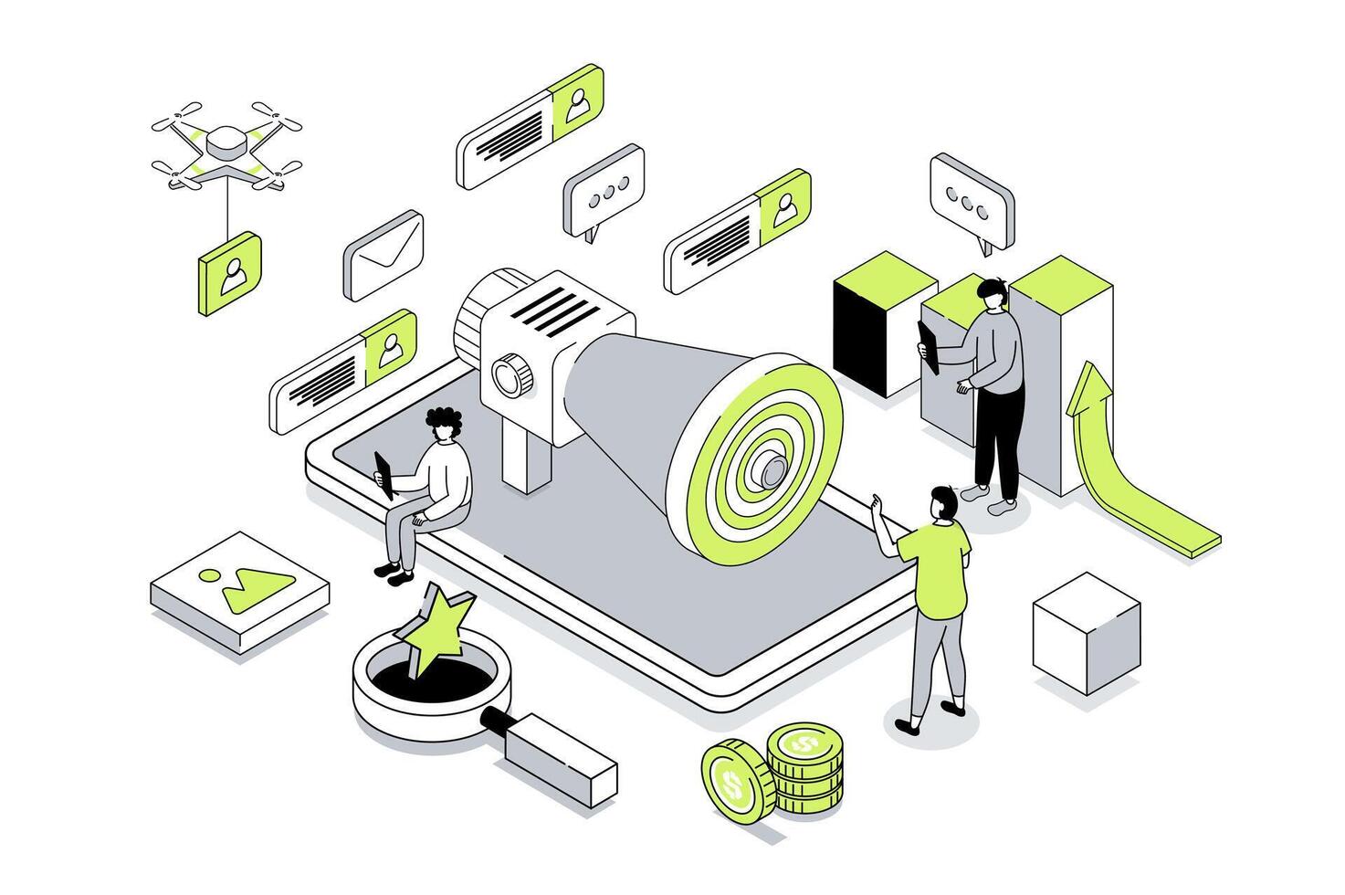 Social media marketing 3d isometric concept in outline isometry design for web. People advertising online shop for attracting of target audience, getting orders and clients. illustration. vector