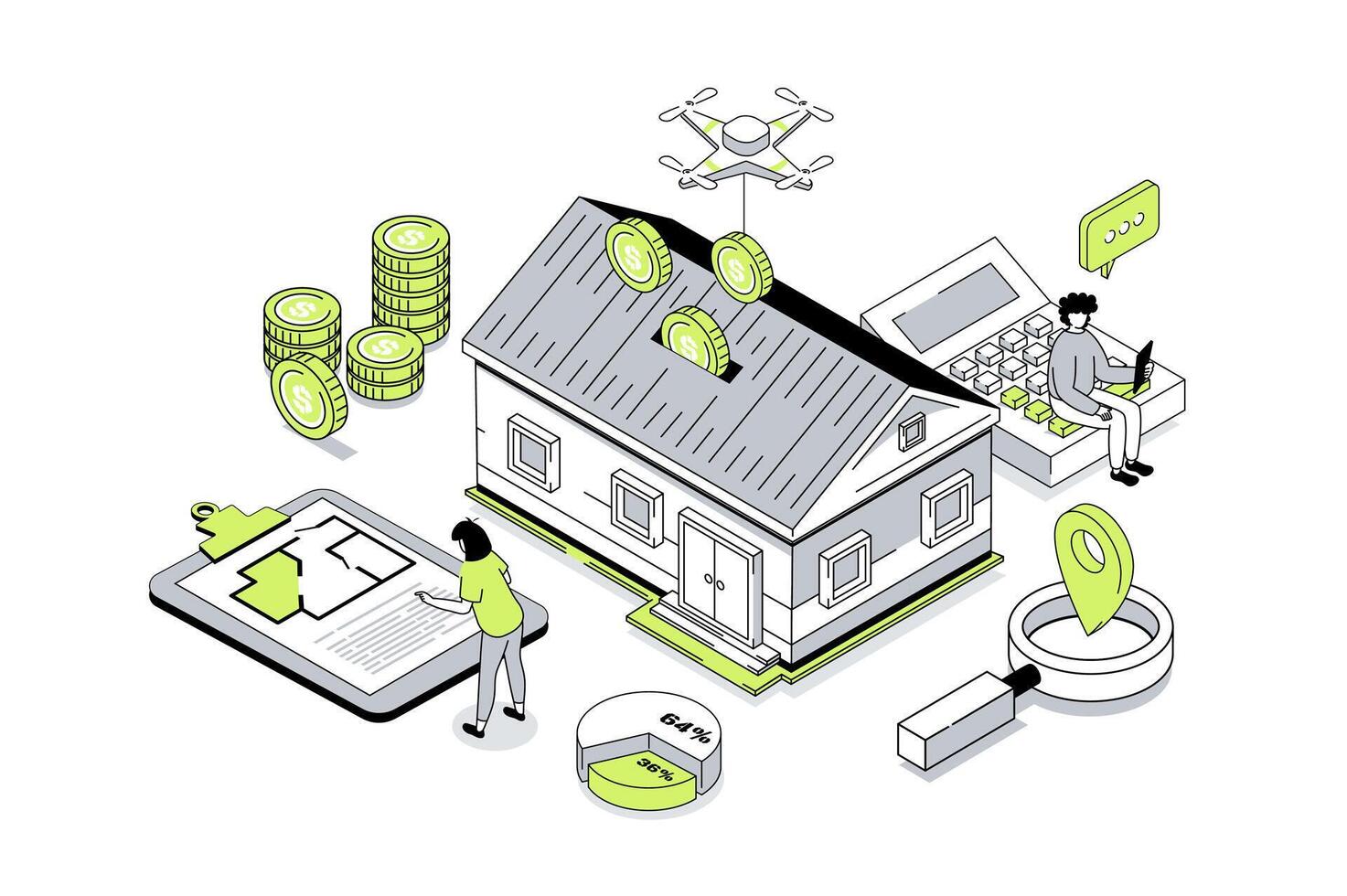 Real estate 3d isometric concept in outline isometry design for web. People researching real estate market, choosing new house with blueprint, client buying property and moving. illustration. vector
