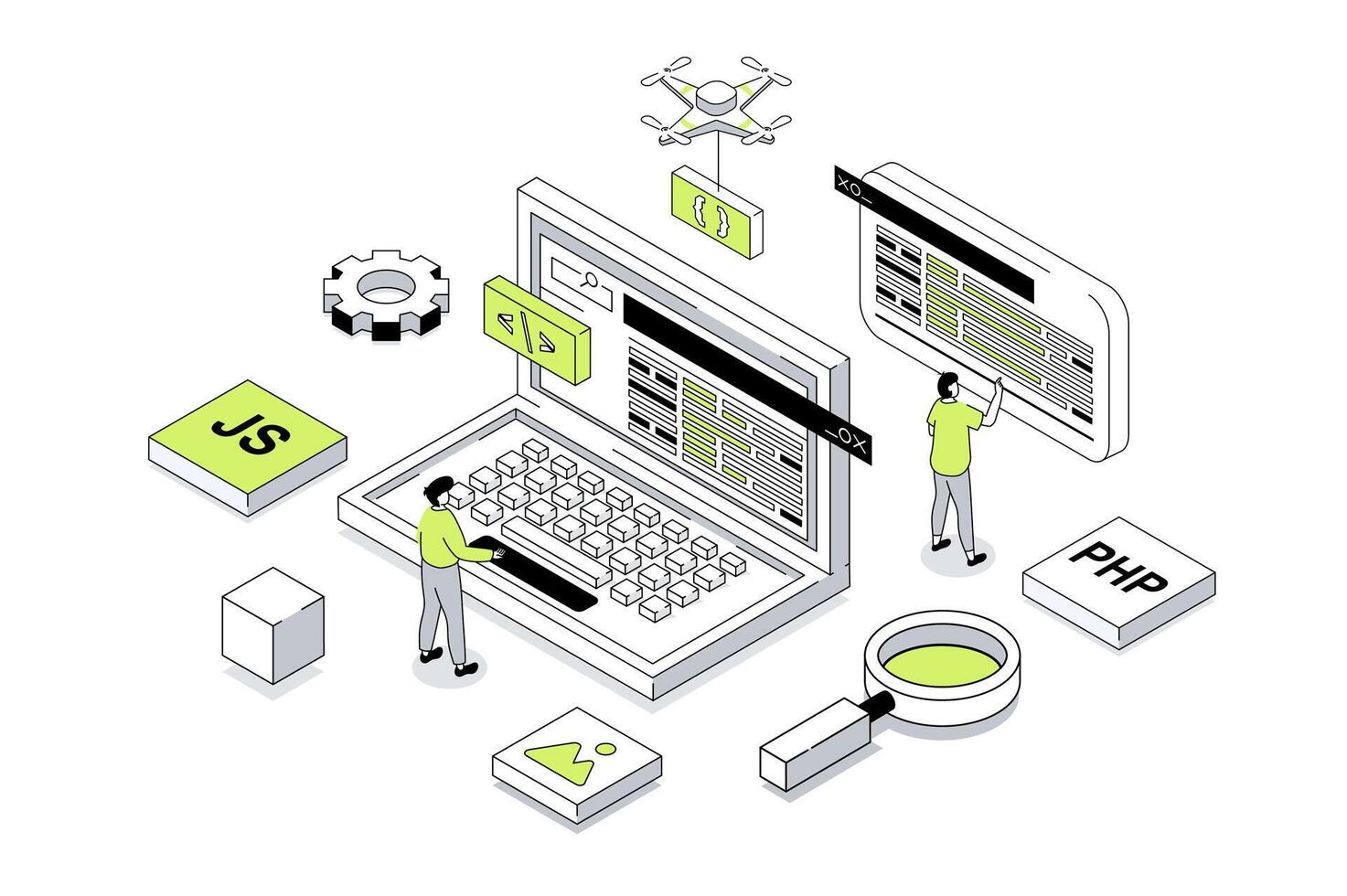 Website creating 3d isometric concept in outline isometry design for web. People creating UI UX interface and homepages at laptop screen, prototyping code and testing scripts. illustration. vector