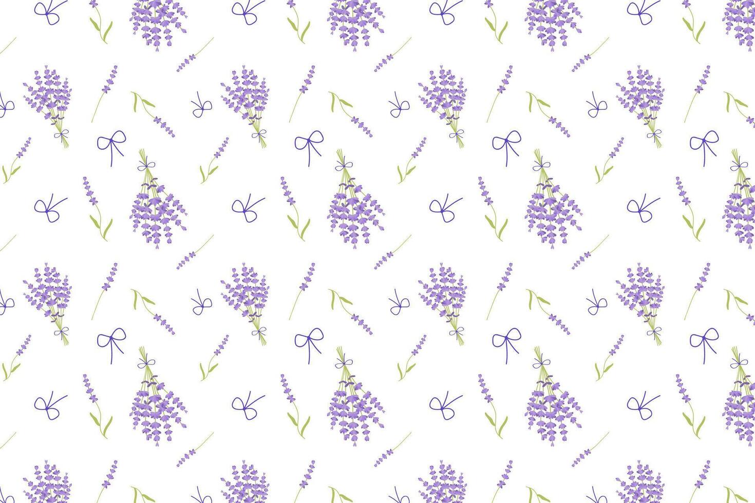 Lavender seamless pattern with purple flowers, bouquet and bow on white background. Floral background, repeating print, Botanical texture. illustration for textile, wrapping. vector