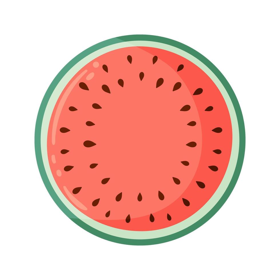 Watermelon slice with vibrant green rind and red flesh with black seeds. Flat illustration. Summer fruit drawing for food graphic, menu, icon, logos postcard, greeting card, invitation or print vector