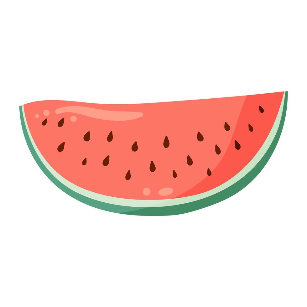 Watermelon slice with vibrant green rind and red flesh with black seeds. Flat illustration. Summer fruit drawing for food graphic, menu, icon, logos postcard, greeting card, invitation or print vector