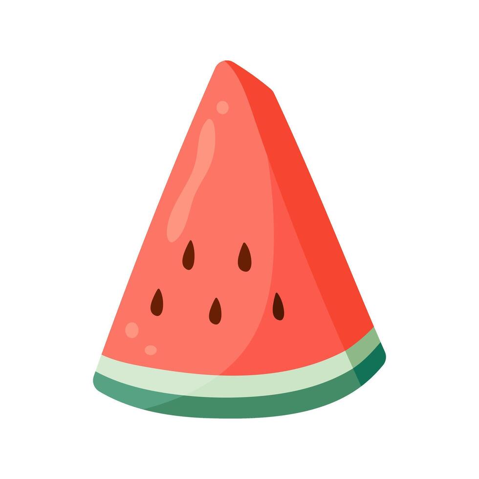 Watermelon slice with vibrant green rind and red flesh with black seeds. Flat illustration. Summer fruit drawing for food graphic, menu, icon, logos postcard, greeting card, invitation or print vector