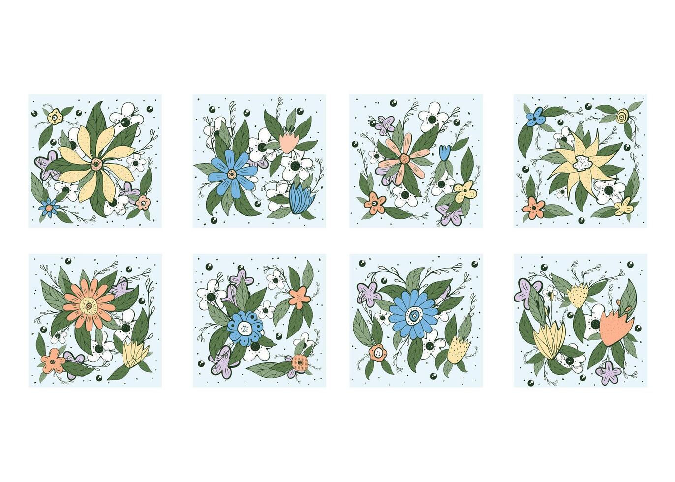 Flowers color composition in doodle style. vector