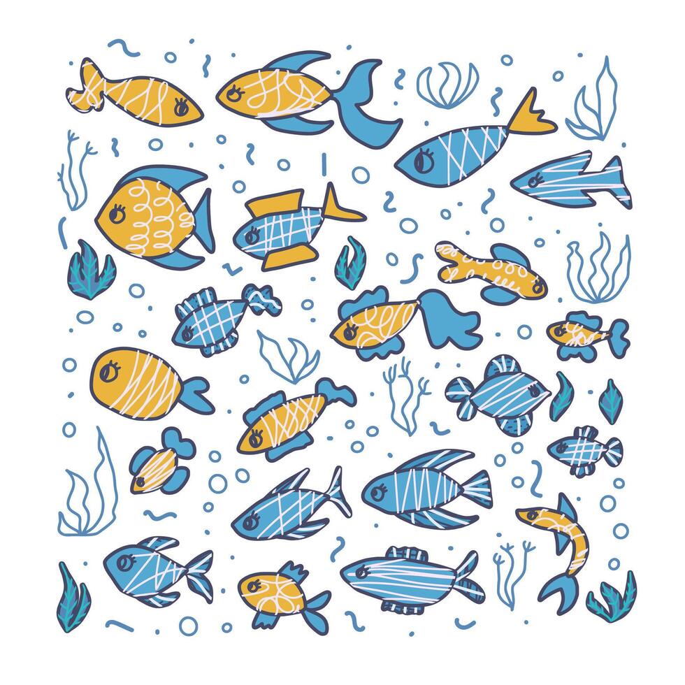 fish collection isolated in doodle style. vector
