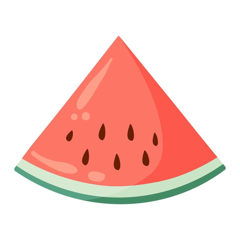 Watermelon slice with vibrant green rind and red flesh with black seeds. Flat illustration. Summer fruit drawing for food graphic, menu, icon, logos postcard, greeting card, invitation or print vector