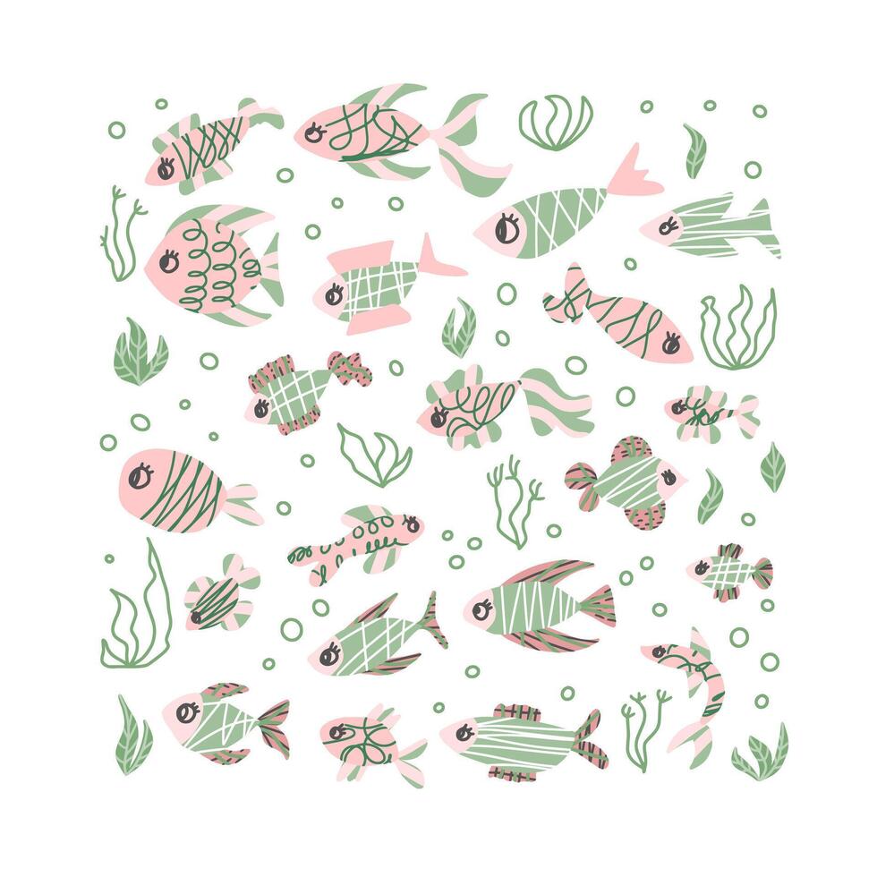 fish collection isolated in doodle style. vector