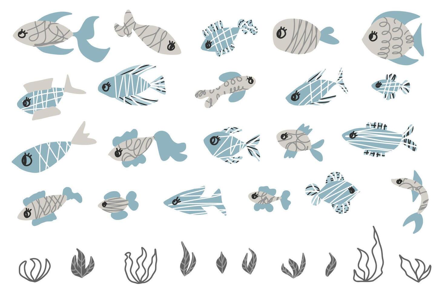 fish collection isolated in doodle style. vector