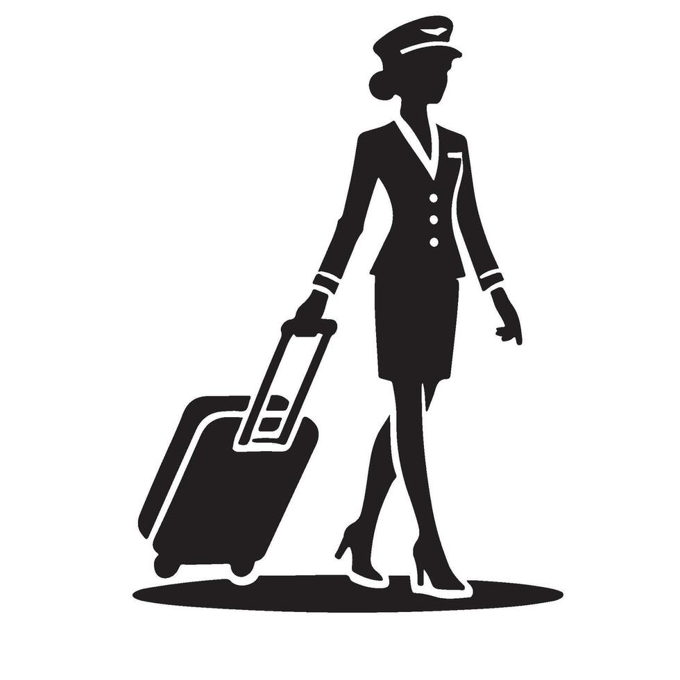 Silhouette of a Female Flight Attendant Traveling With Luggage vector