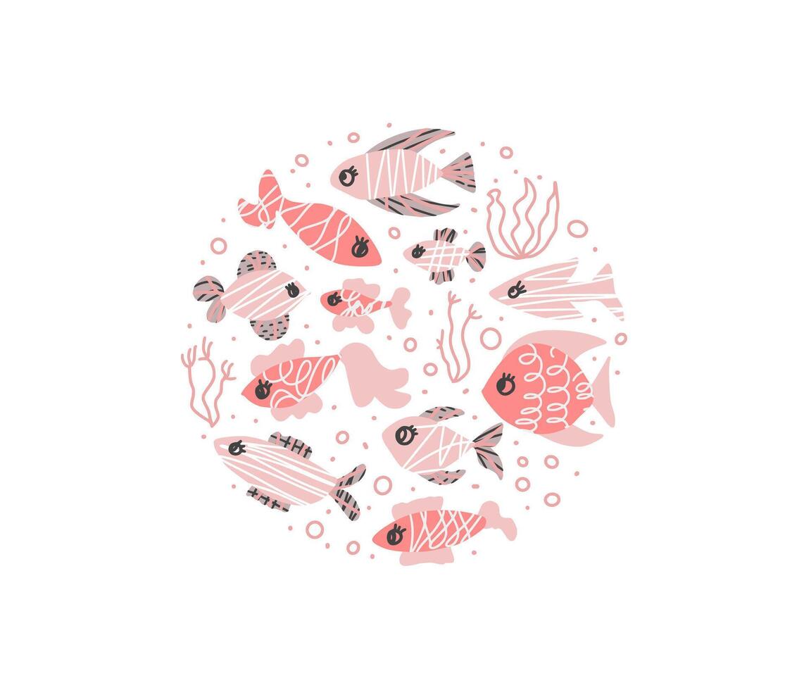 fish collection isolated in doodle style. vector