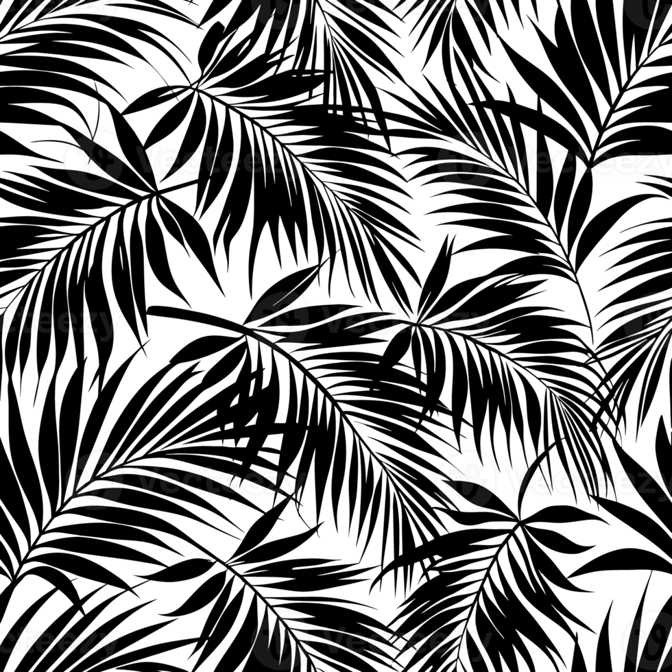 A black design portrays a dense array of tropical palm leaves png