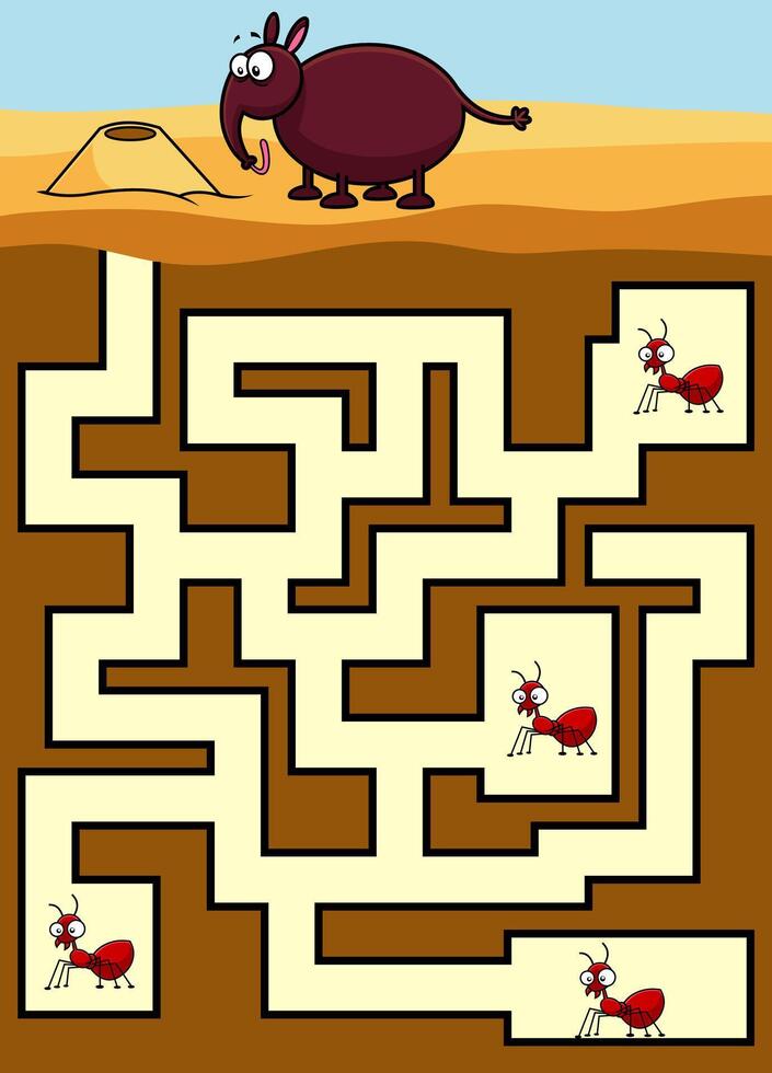 Cartoon Maze Game Education For Kids Help The Anteater Reach The Ants vector