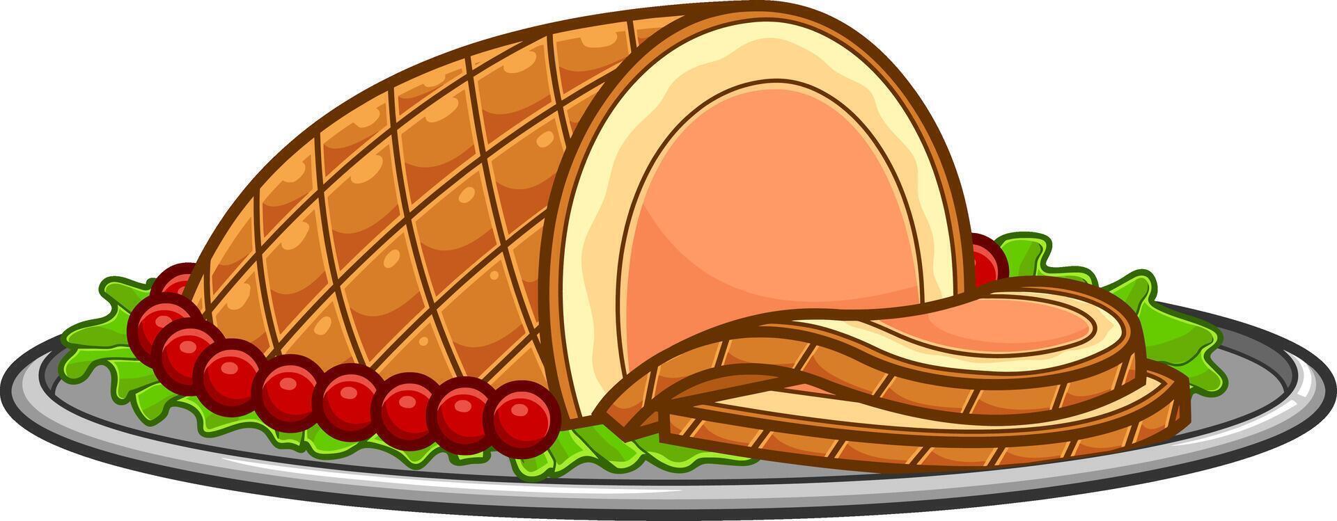 Cartoon Smoked Pork Or Meat Ham Sliced With Decoration On Tray vector