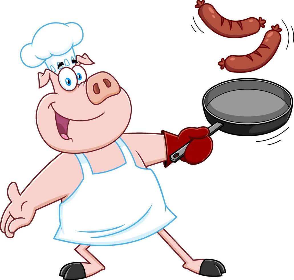 Happy Chef Pig Cartoon Mascot Character Holding Up A Frying Pan With Fried Sausages vector