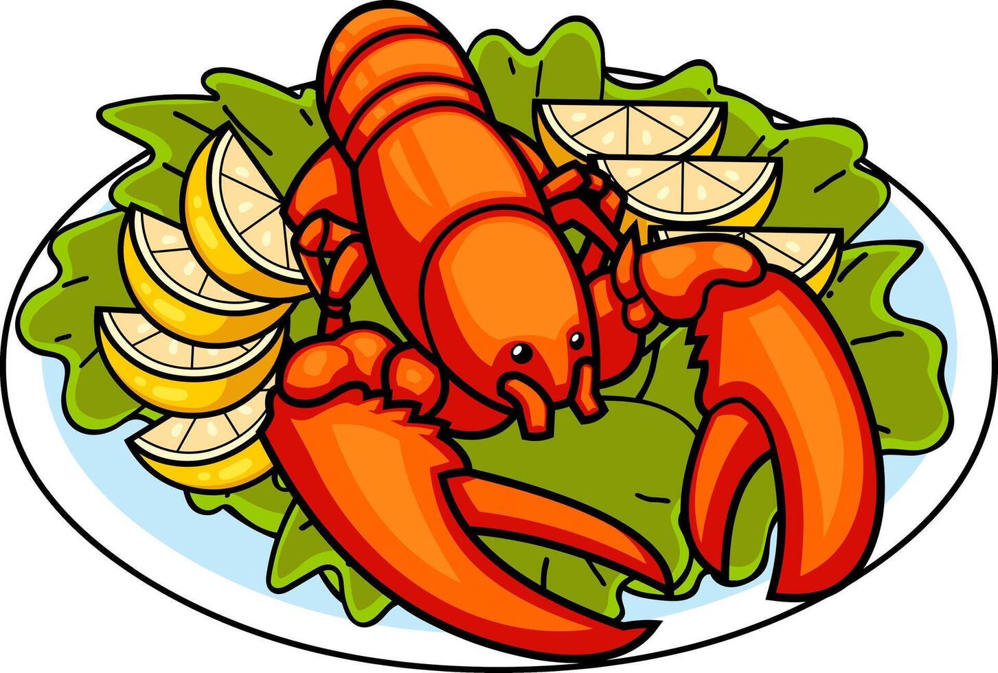 Cartoon Whole Red Boiled Lobster On Dish Over Leaf Salad And Lemon Slices vector