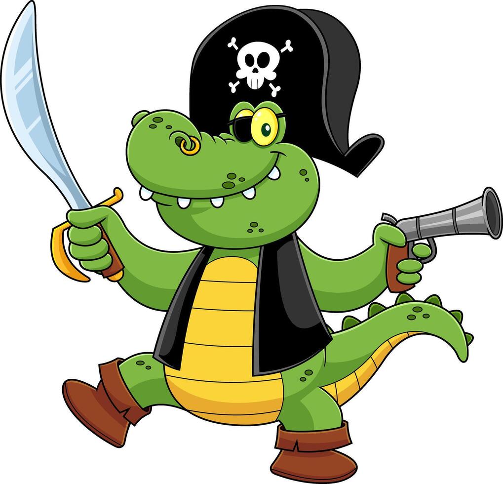 Pirate Alligator Or Crocodile Cartoon Character With A Sword And A Pistol vector