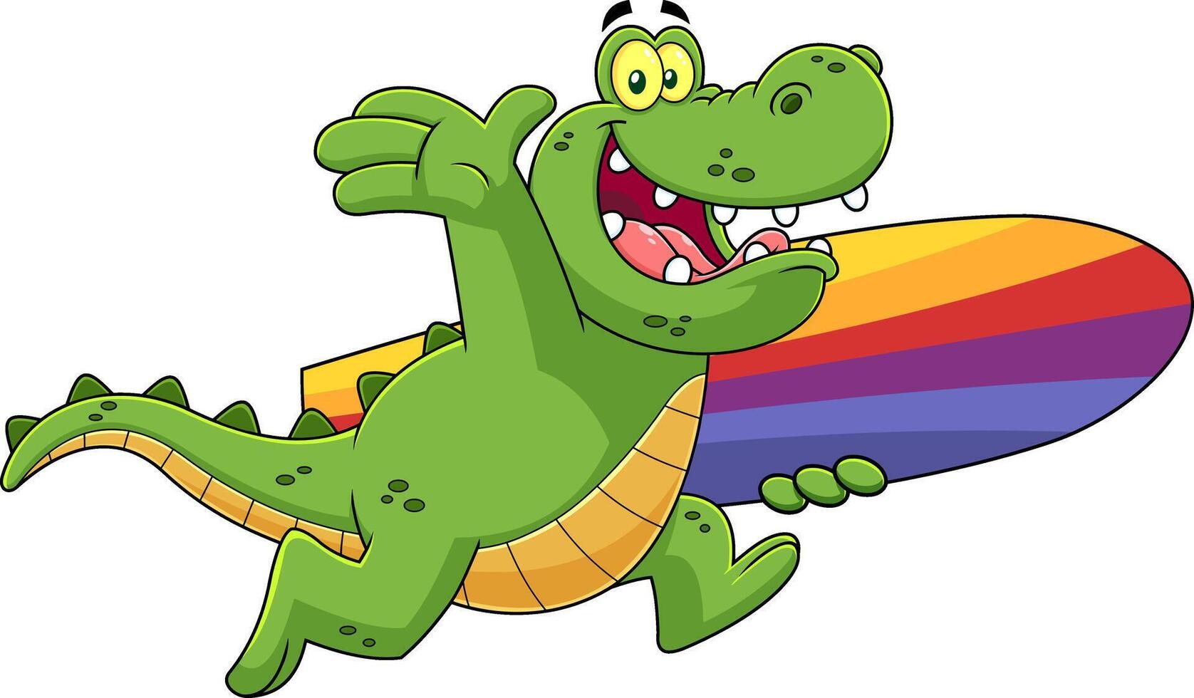 Happy Alligator Or Crocodile Cartoon Character Running With A Surfboard vector