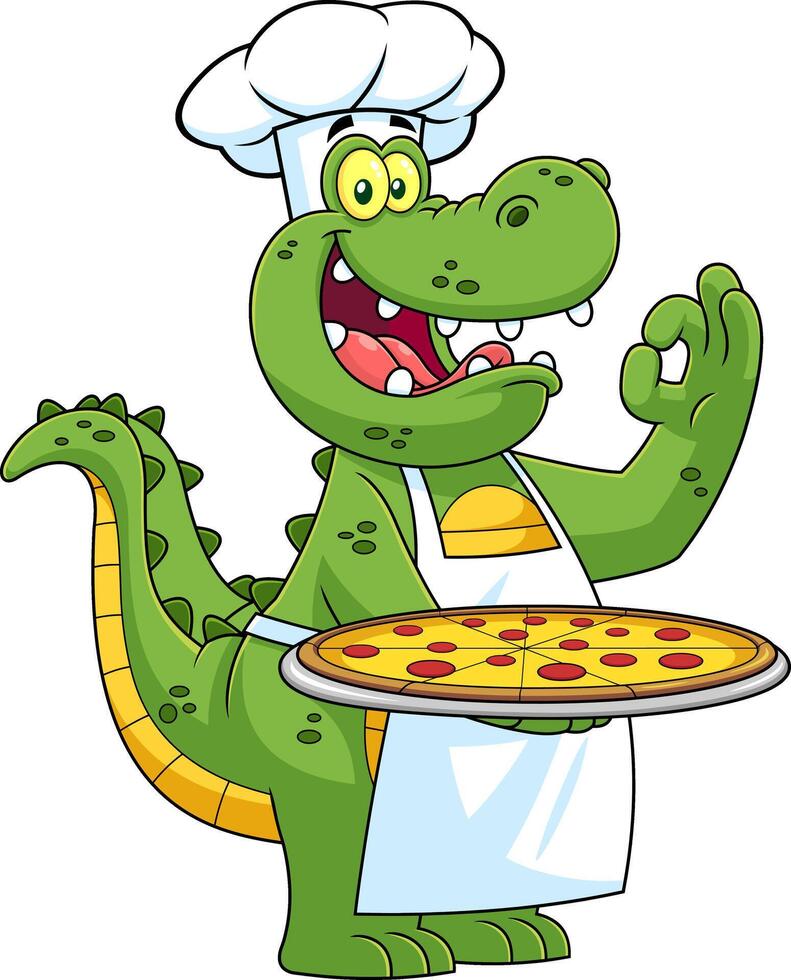 Alligator Or Crocodile Chef Cartoon Character Holding A Pizza And Gesturing Are Ok vector