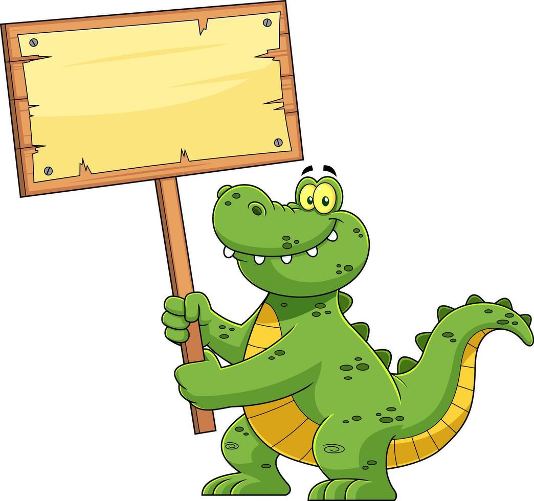 Funny Alligator Or Crocodile Cartoon Character Holding Up A Wooden Sign vector