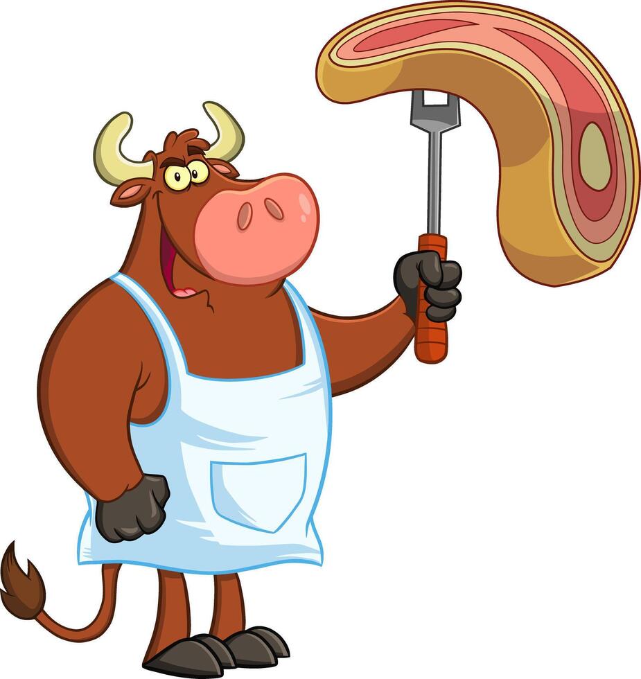 Bull Chef Cartoon Mascot Character Holding A Raw Steak On BBQ Fork vector