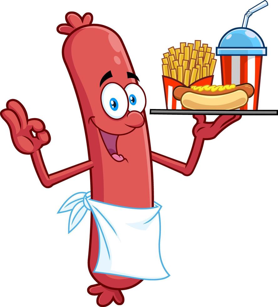 Happy Sausage Chef Cartoon Character Gesturing Ok And Holding A Hot Dog, French Fries And Soda On A Tray vector