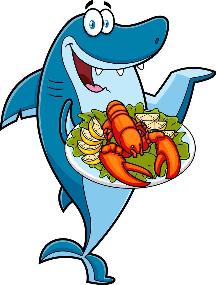 Shark Chef Cartoon Character Holding Whole Red Boiled Lobster On Dish vector