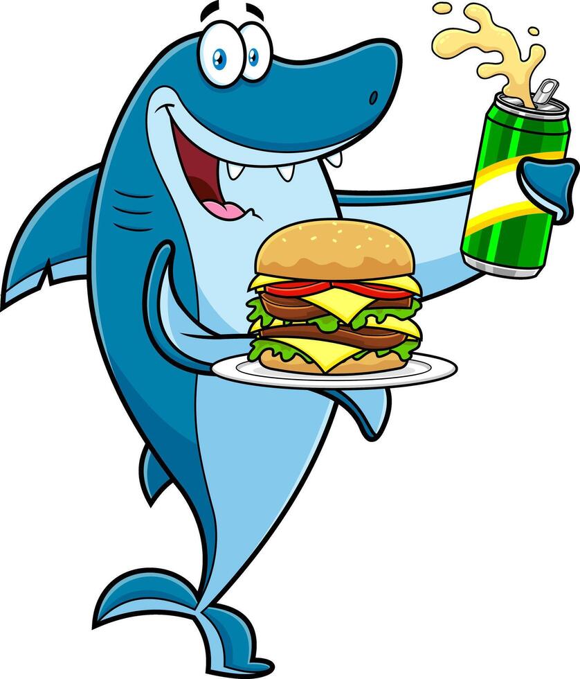 Happy Shark Cartoon Character Showing Big Burger And Holding Beer vector