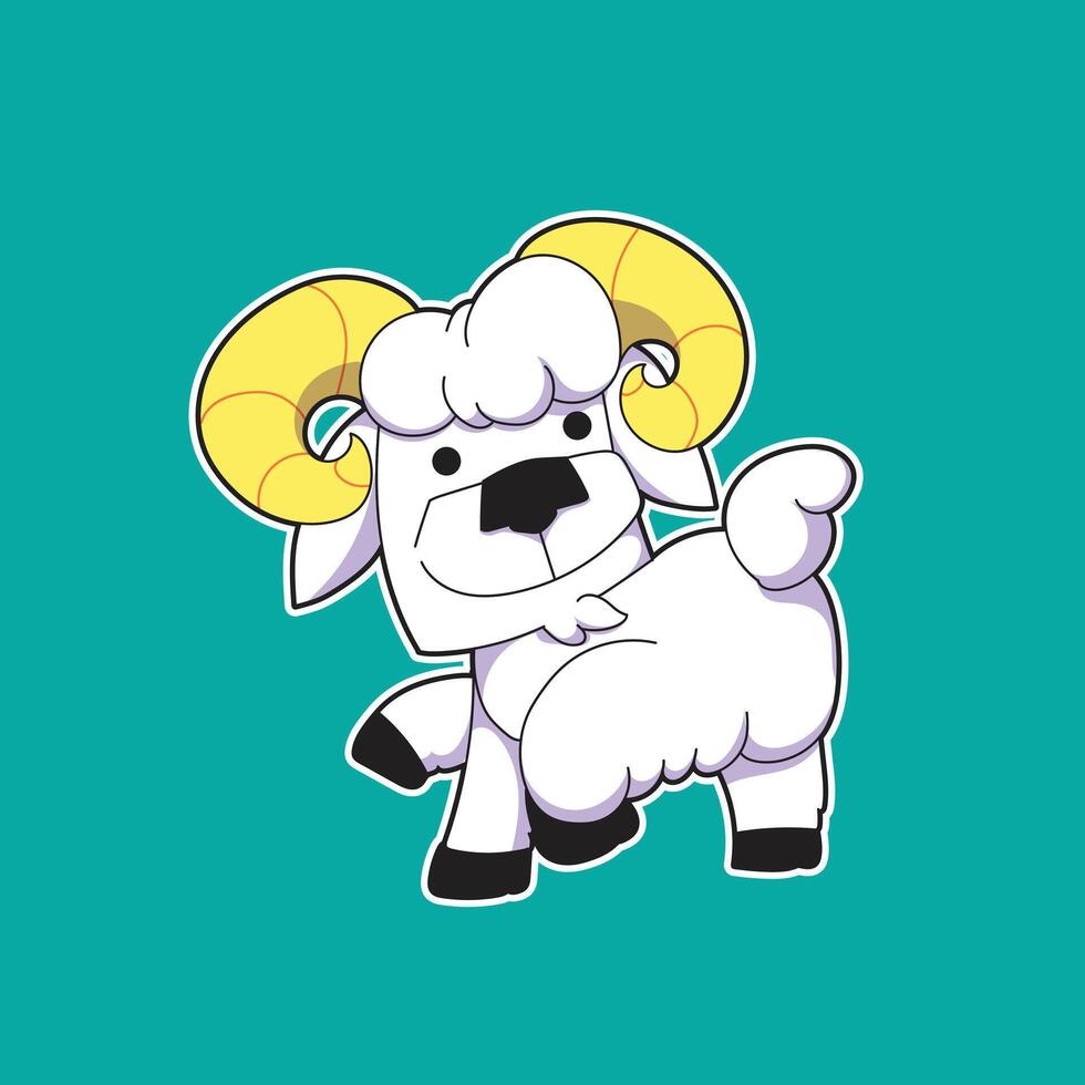 Cute sheep with curled yellow horns, back view and face facing backwards. vector