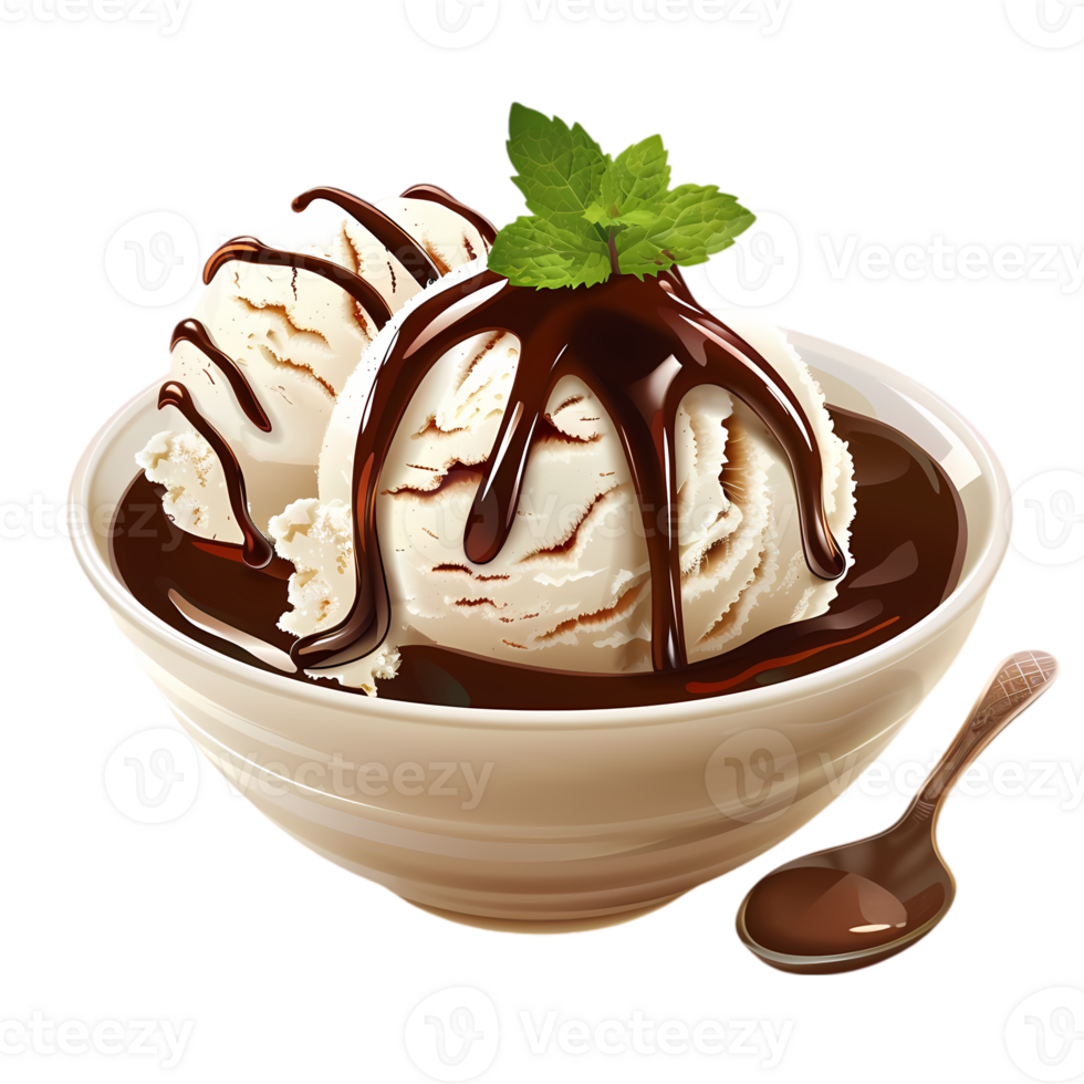 Ice Cream Sundae with Chocolate Sauce and Mint png