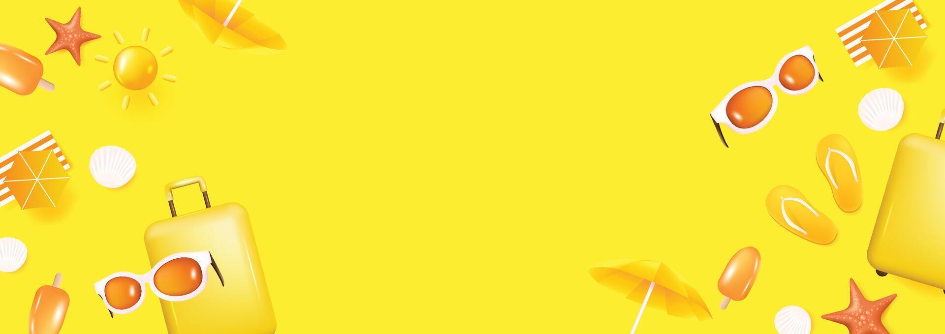 Summer banner tropical beach vibes yellow background with beach decoration and copy space vector