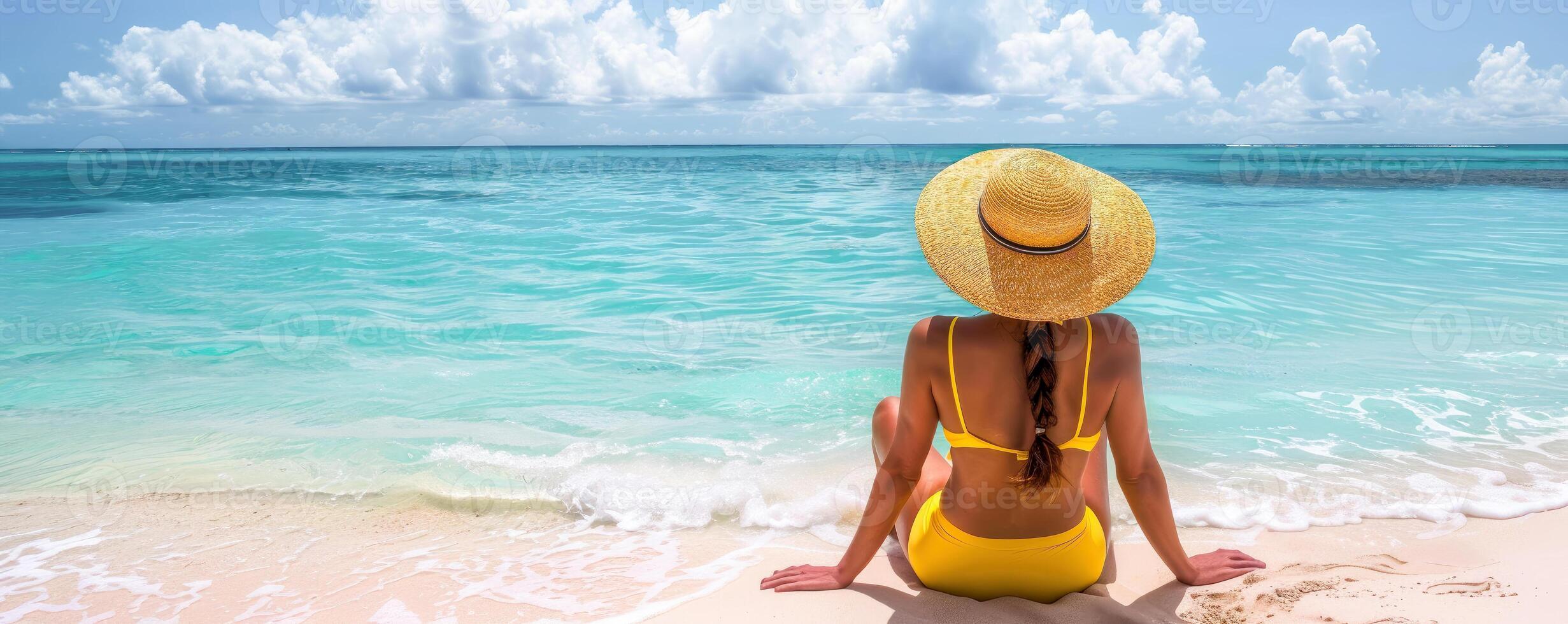 Summer Vacation. A woman sitting on a beach in a yellow bikini and yellow straw hat. Travel and lifestyle Concept photo