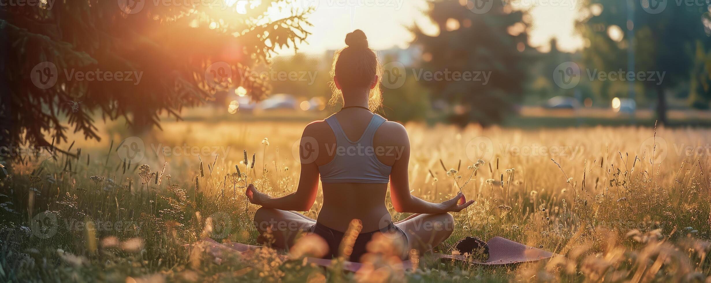 Healthy woman lifestyle balanced practicing meditate and zen energy yoga in morning the spring nature background. Healthy life Concept photo