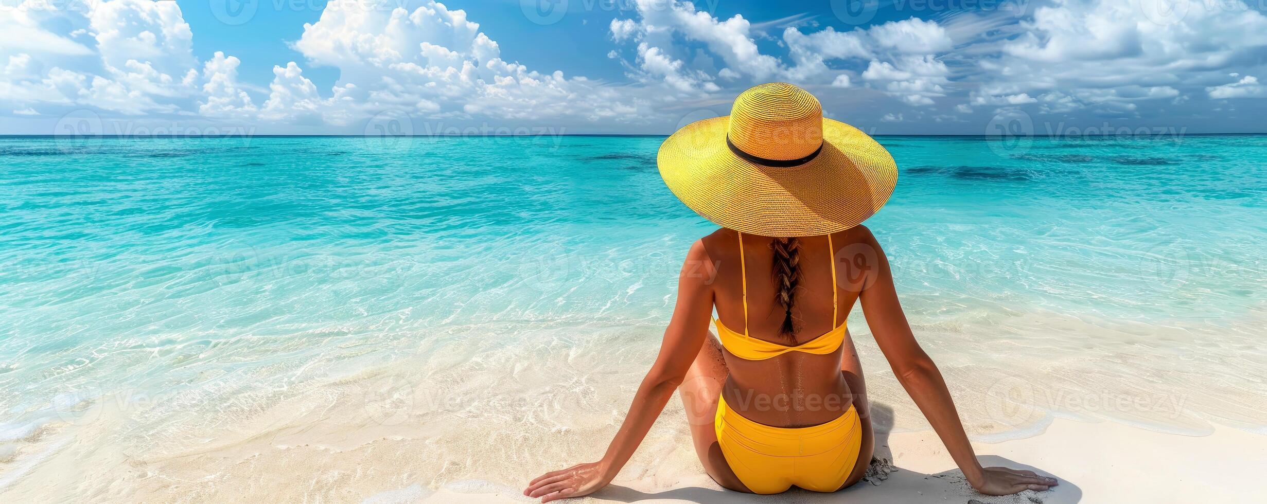 Summer Vacation. A woman sitting on a beach in a yellow bikini and yellow straw hat. Travel and lifestyle Concept photo