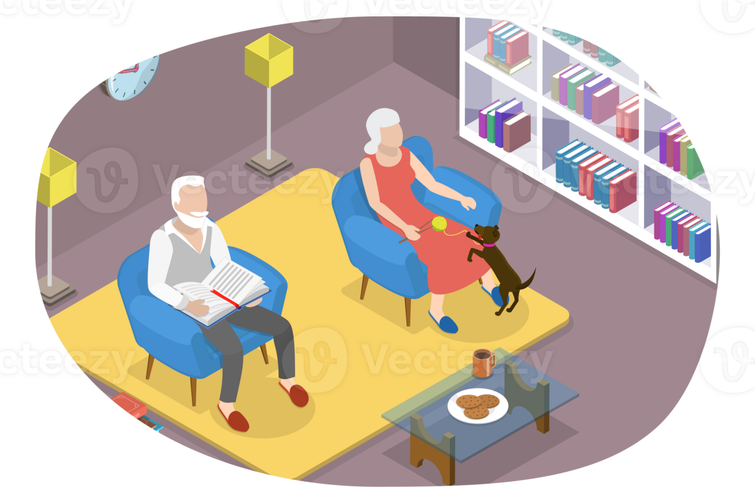 3D Isometric Flat Conceptual Illustration of Seniors Relaxing At Home png