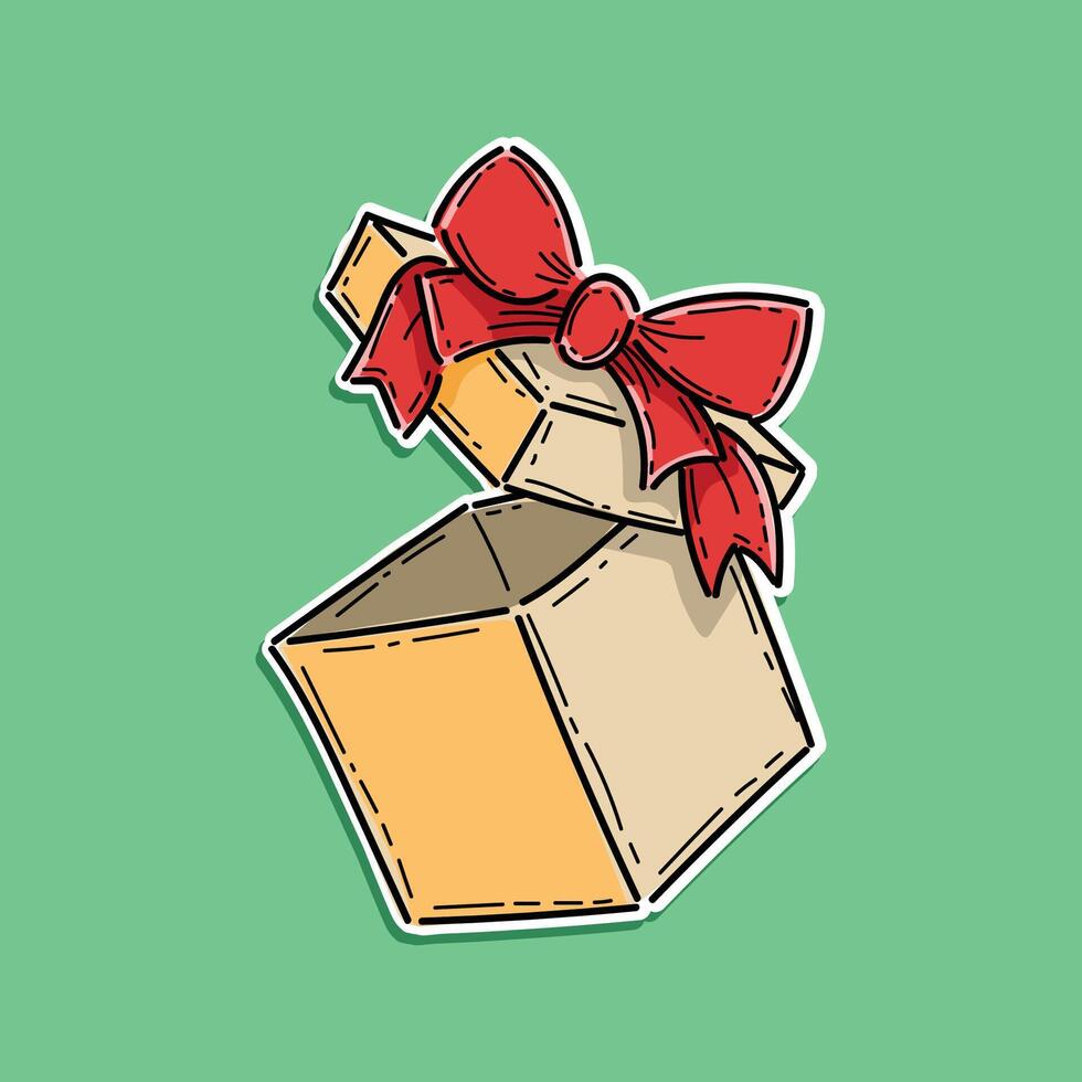 open gift box with ribbon bow isolated on a green background. flying modern holiday open surprise box. Realistic icon for present, birthday or wedding banners, holiday sale, lucky win surprise vector