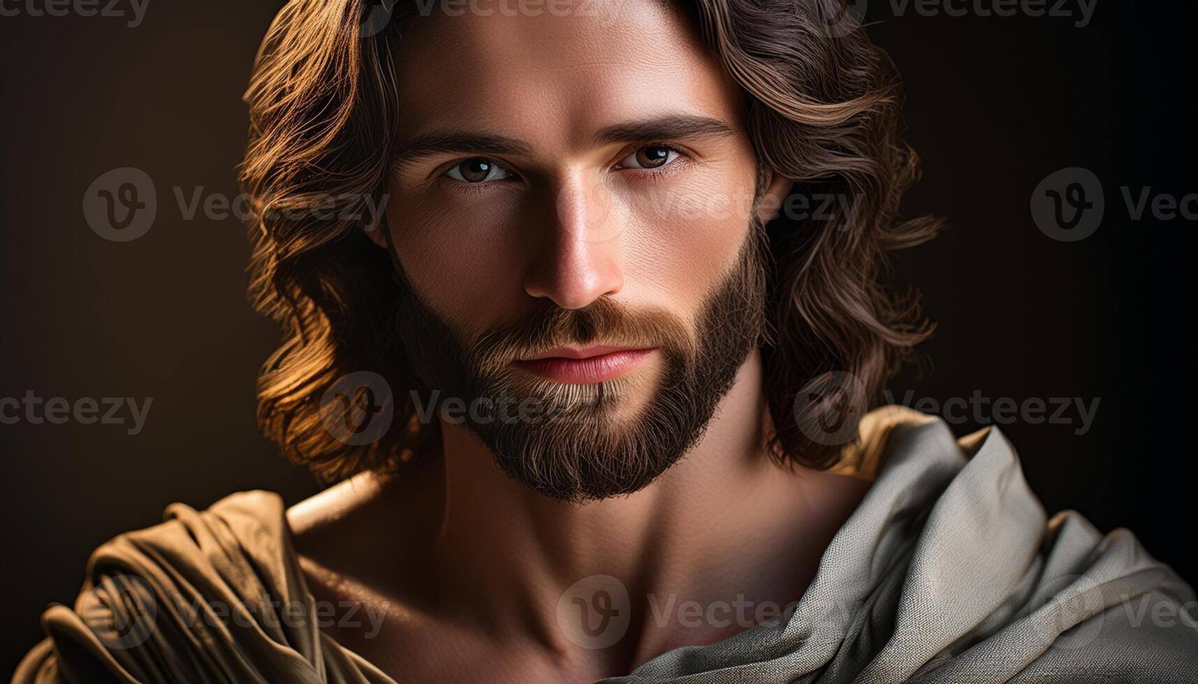 Portrait of Jesus Christ's face in the style of Renaissance art, highlighting his serene expression and soft, classical features photo