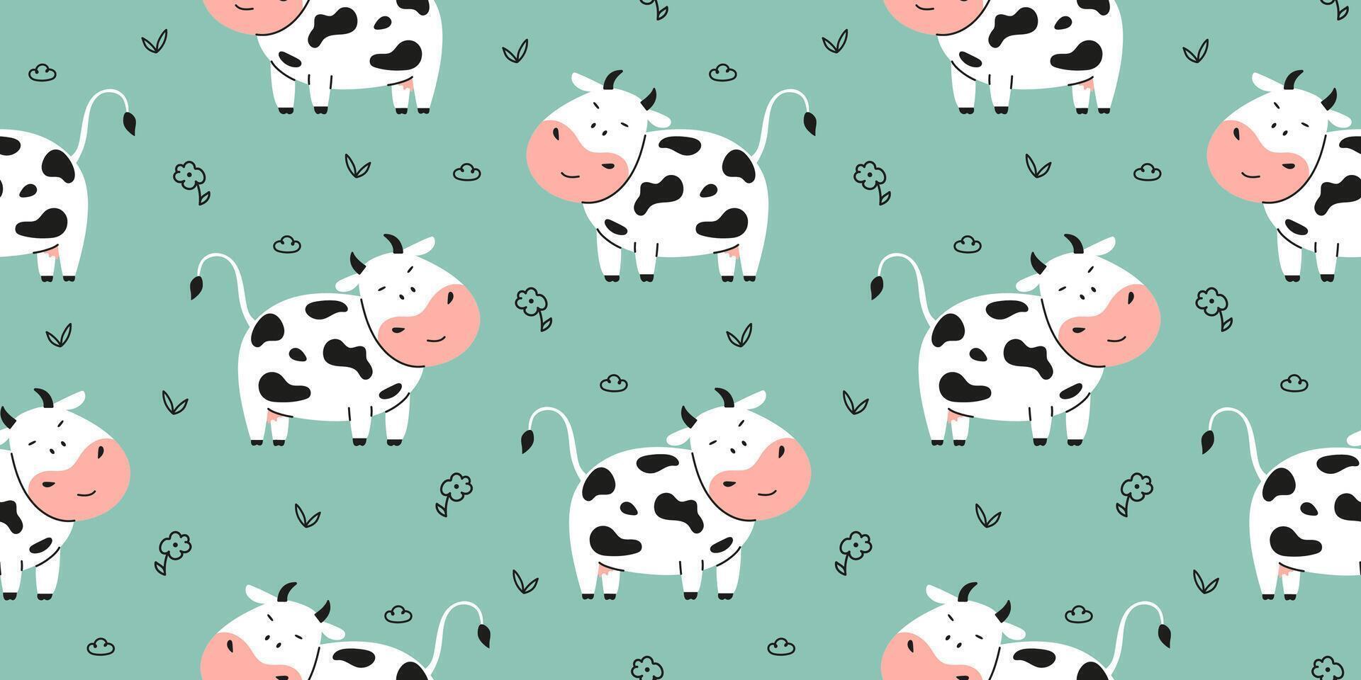 Cute cow seamless pattern with flower and leaf vector