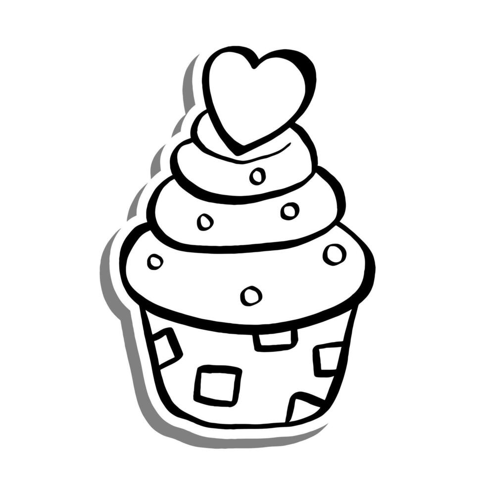 Outline Cupcake with Heart on white silhouette and gray shadow. Illustration for decoration or any design. vector
