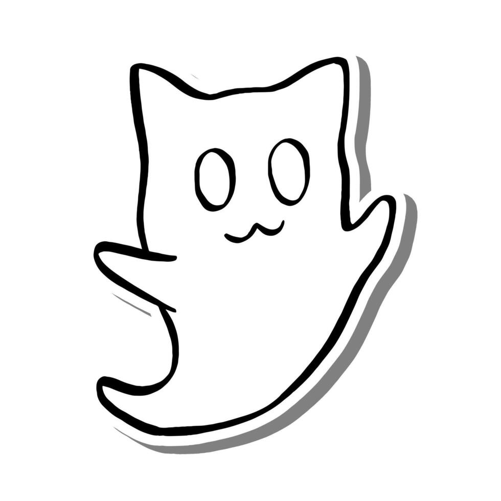 Halloween Cat Ghost Outline on white silhouette and gray shadow. Cute illustration cartoon style for decorate, coloring and any design. vector