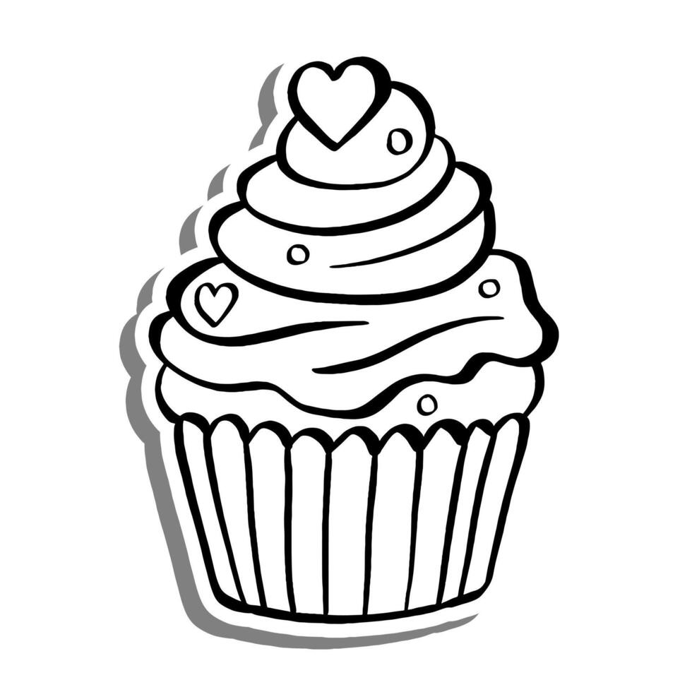 Outline Cupcake with Heart on white silhouette and gray shadow. Illustration for decoration or any design. vector