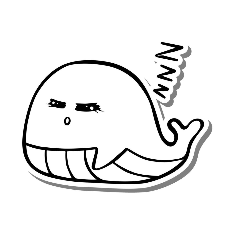 Cute cartoon Sleep Whale. Doodle on white silhouette and gray shadow. Illustration about aquatic animals for any design. vector