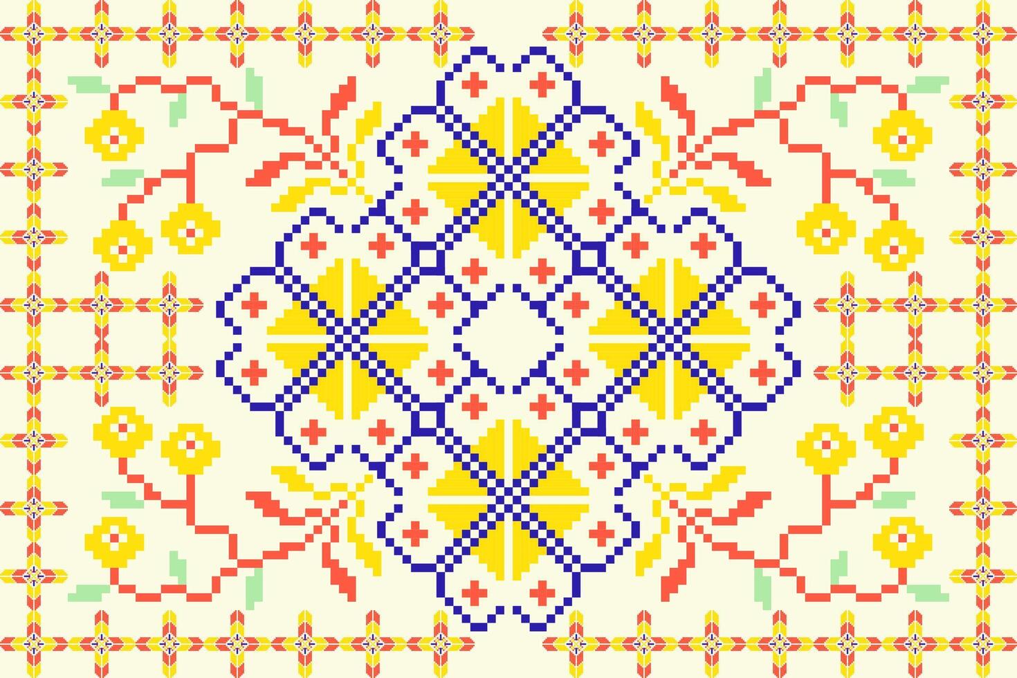 Geometric ethnic floral pixel art embroidery, Aztec style, abstract background design for fabric, clothing, textile, wrapping, decoration, scarf, print, wallpaper, table runner. vector